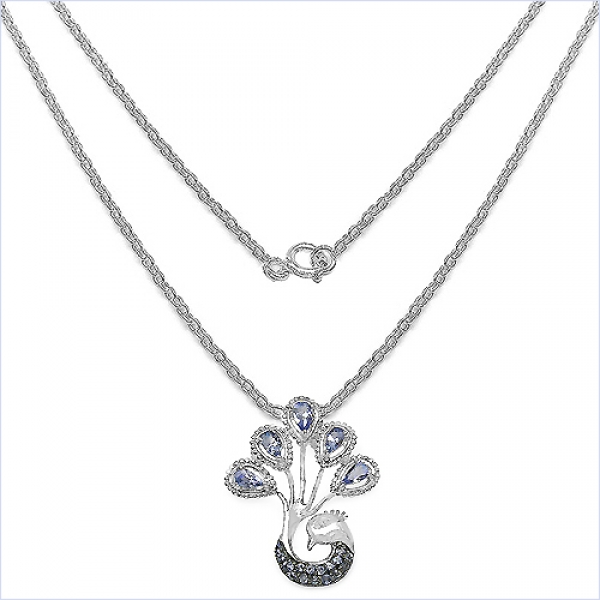 Collier/Halskette mit Anhänger-Pfau aus Tansanit/Zirkonia-1,47 Karat