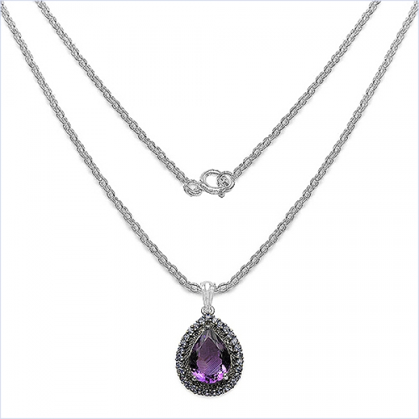 Collier/Kette mit Amethyst/Tansanit-Tropfen-Anhänger,Silber Rhodiniert-9,60 Karat