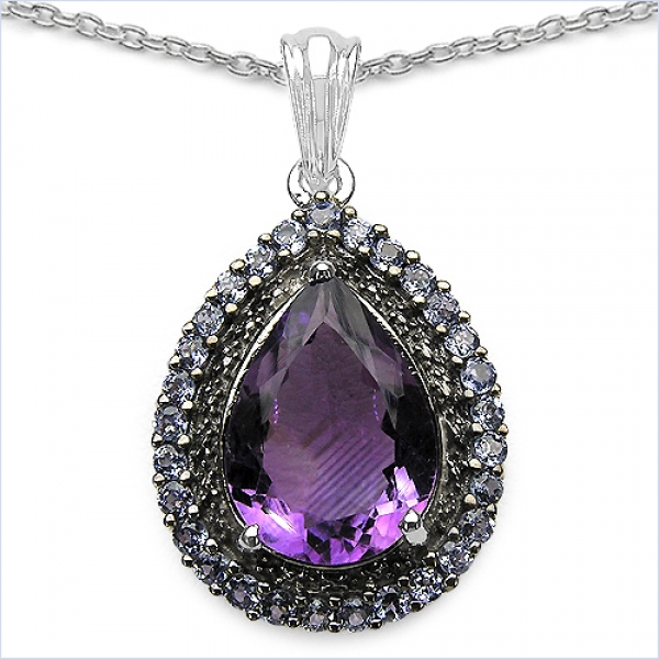 Collier/Kette mit Blautopas/Tansanit-Tropfen-Anhänger,Silber Rhodiniert-10,10 Karat