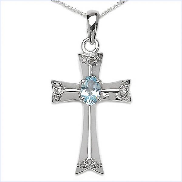 Collier/ Halskette mit Kreuz-Anhänger Diamanten/Blautopas 0,83 Karat