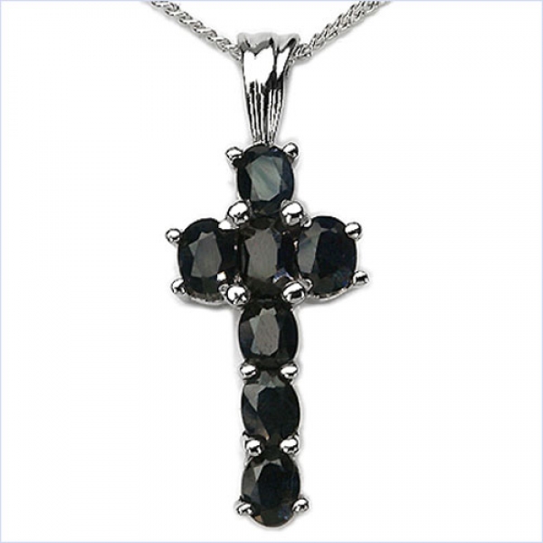 Collier/Kette Anhänger schwarzem Saphir-Kreuz-Silber 1,75 Karat