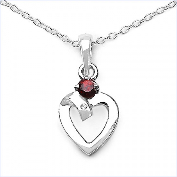 Collier mit Diamant/ Granat/ Herz-Anhänger Rhodiniert