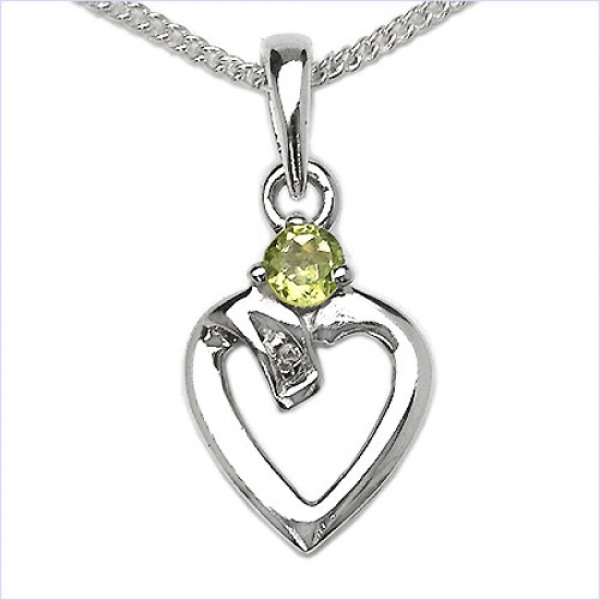 Collier mit Diamant/ Peridot/ Herz-Anhänger Rhodiniert