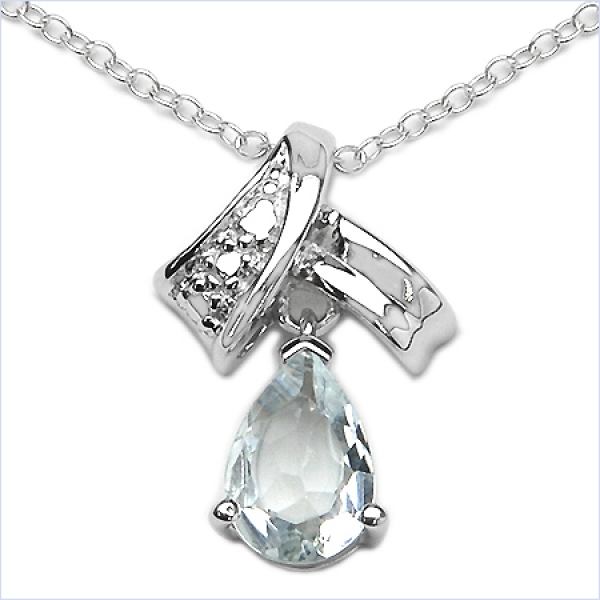Collier/Kette Tropfen Anhänger Aquamarin-Silber-Rhodiniert 1,10 Karat