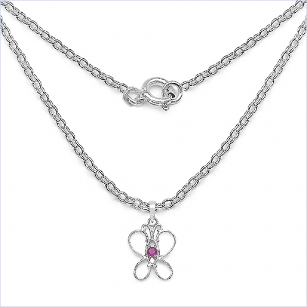 Collier/Kette-Anhänger Rubin-Schmetterling-Silber-Rhodiniert