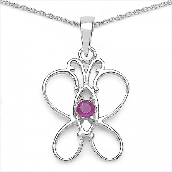 Collier/Kette-Anhänger Rubin-Schmetterling-Silber-Rhodiniert
