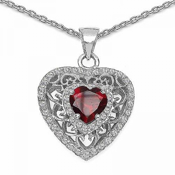 Collier/Kette mit Granat/Weißem Zirkonia-Herz-Anhänger 1,26 Karat-54 Steine