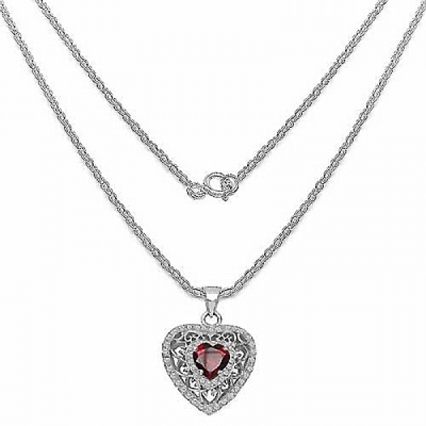 Collier/Kette mit Granat/Weißem Zirkonia-Herz-Anhänger 1,26 Karat-54 Steine