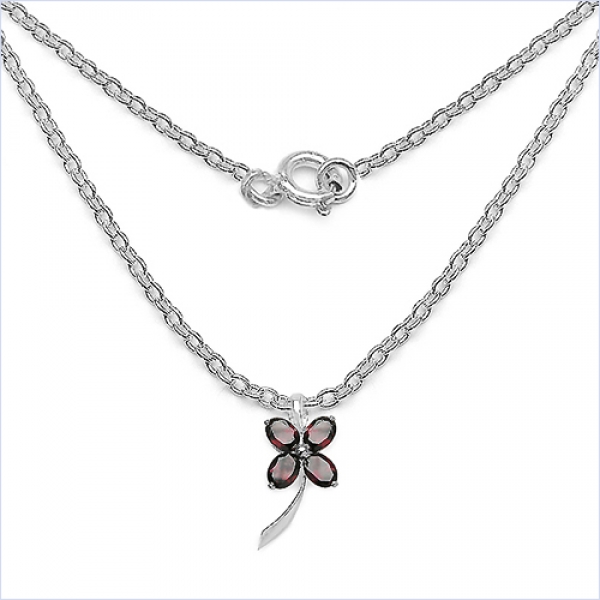 Collier/Kette mit Kleeblatt/Blume-Granat-Anhänger-Silber 4,00 Karat