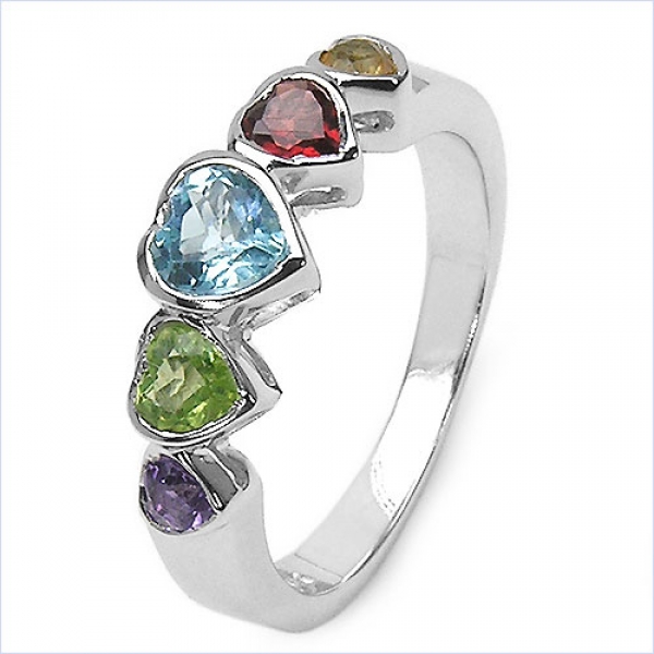Multicolor Edelstein-Herzen-Ring-mit Amethyst,Blautopas,Citrin,Granat,Peridot