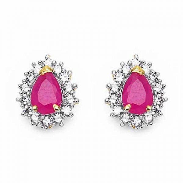 Ohrringe/Ohrstecker Rubine/weiße American Diamonds-Messing/vergoldet Gelbgold