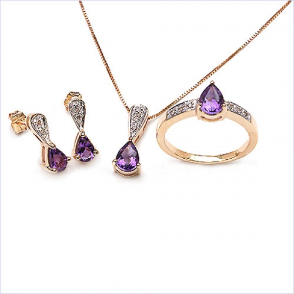 Diamant/Amethyst-Schmuckset 5-teilig-Anhänger,Kette,Ohrstecker,Ring-2,37 Karat