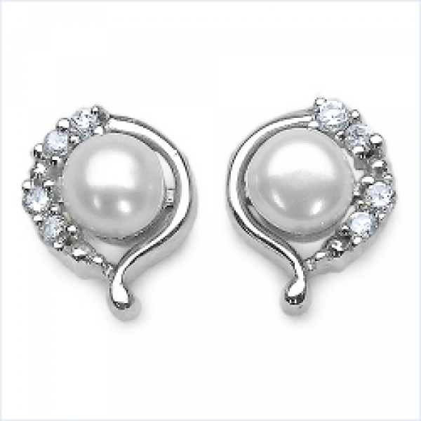 Ohrstecker mit Süßwasser-Perle u.Zirkonias 925-Silber Rh.-2,08 Karat