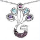 Collier/Halskette mit Anhänger-Pfau aus Amethyst,Blautopas,Rhodolith,Zirkonia